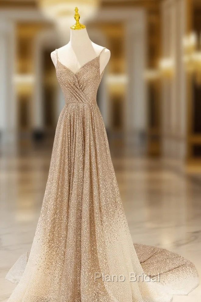 Gold V-Neck Sequins Long Formal Prom Dresses, Shiny A-Line Evening Formal Dresses