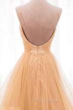 Gold V-Neck Tulle Long Formal Prom Dresses, A-Line Evening Dresses