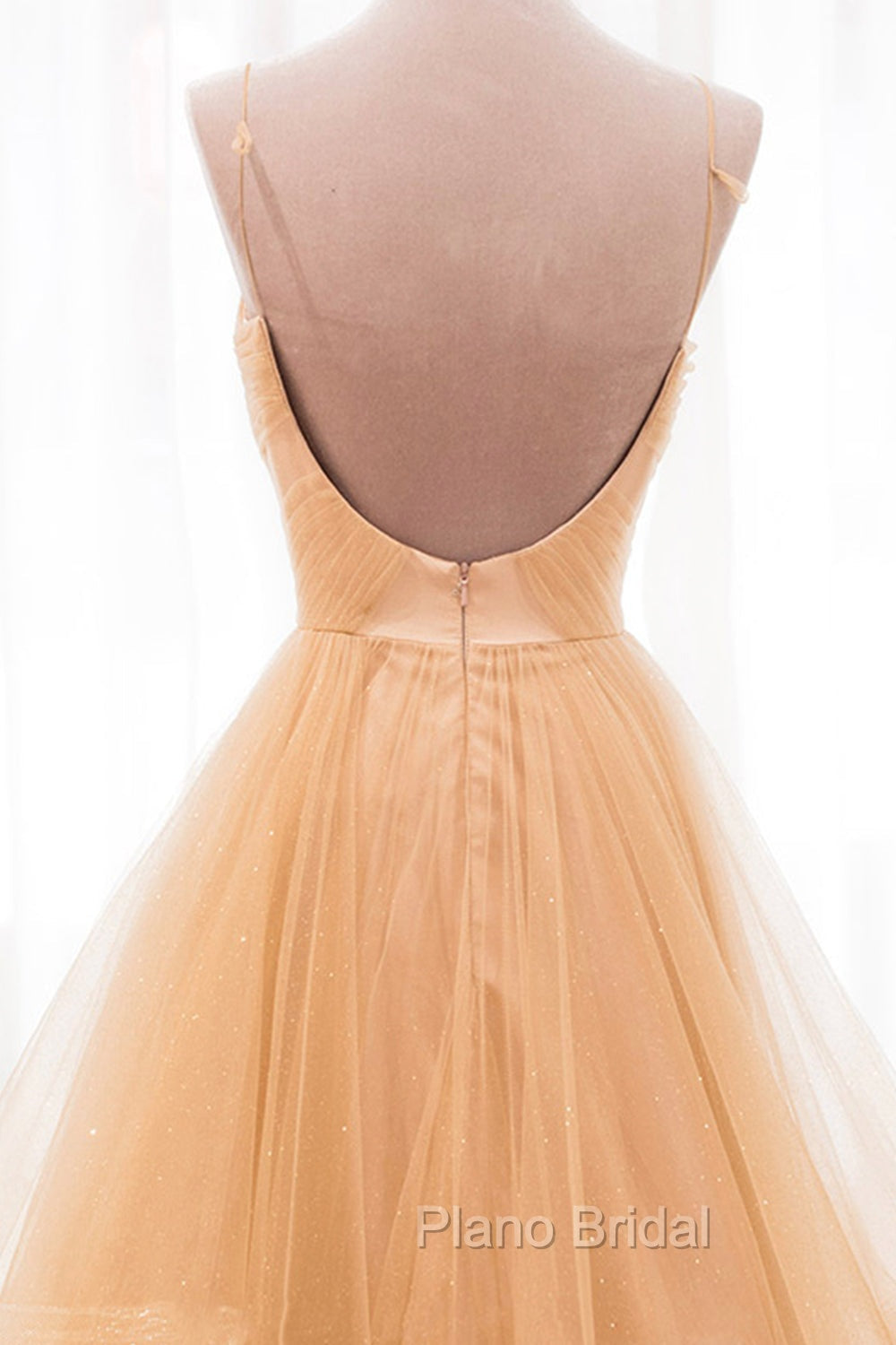 Gold V-Neck Tulle Long Formal Prom Dresses, A-Line Evening Dresses