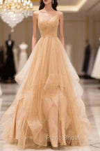 Gold V-Neck Tulle Long Formal Prom Dresses, A-Line Evening Dresses