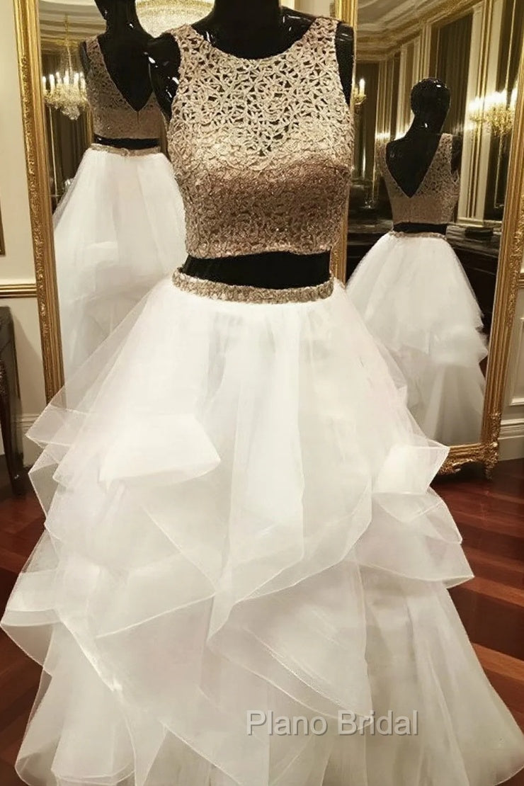 Gold White Ball Gowns Two Piece Tulle Backless Formal Prom Dresses Main image