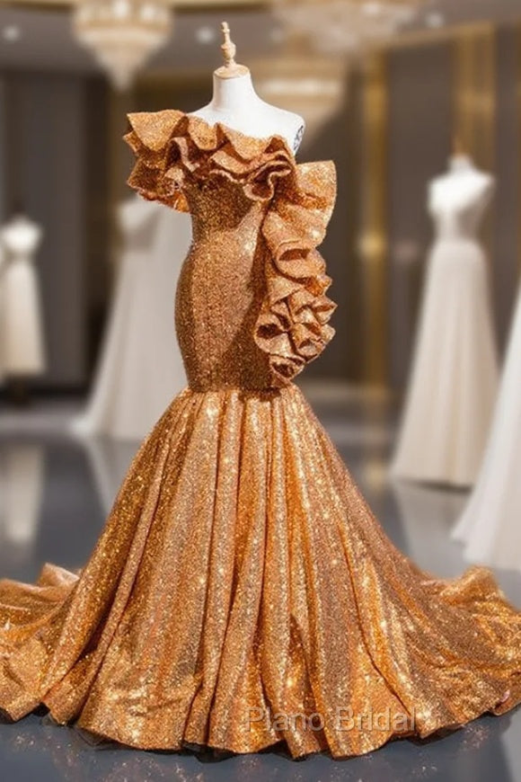 Gold Yellow Mermaid Sequins Asymmetrical Neck Ruffles Formal Prom Dresses Main image