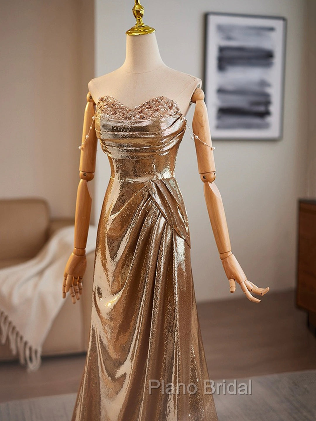 Golden Mermaid Sequins Long Formal Prom Dresses Evening Dresses