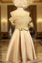 Golden Satin Lace Off Shoulder Short Homecoming Dresses, Knee Length Party Dresses