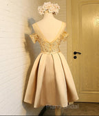 Golden Satin Lace Off Shoulder Short Homecoming Dresses, Knee Length Party Dresses