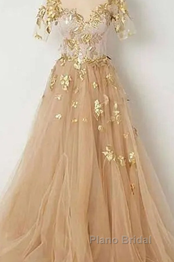 Golden Short Sleeves A-Line Tulle Formal Prom Dresses, Secondary image