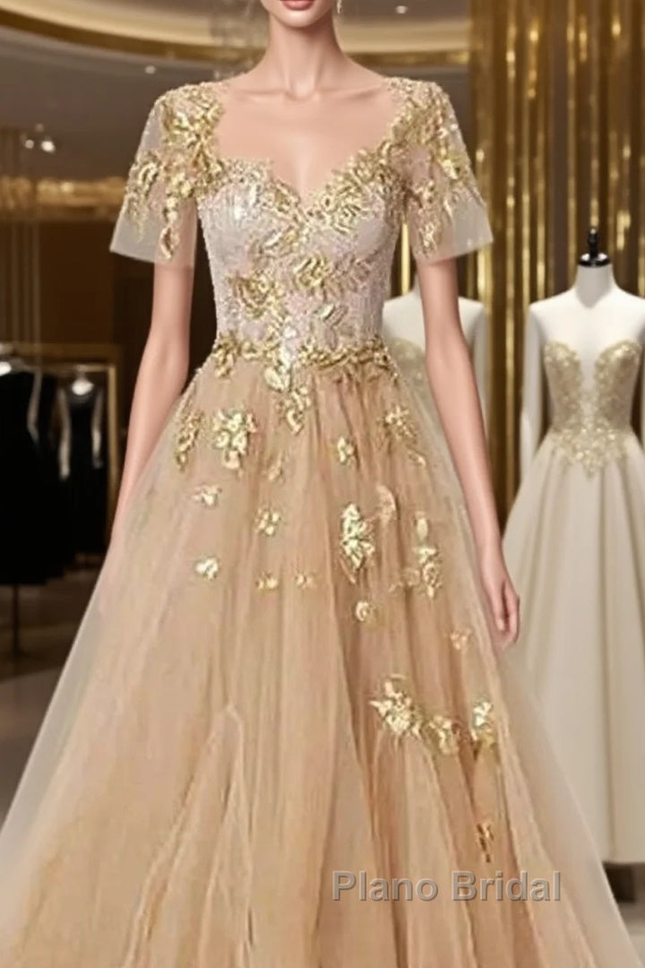 Golden Short Sleeves A-Line Tulle Formal Prom Dresses, Main image