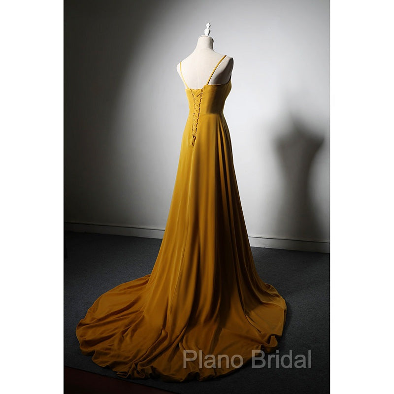 Goleden V-neckline Straps Long Party Dresses with Leg Slit, Long Gold Evening Dresses Formal Prom Dresses