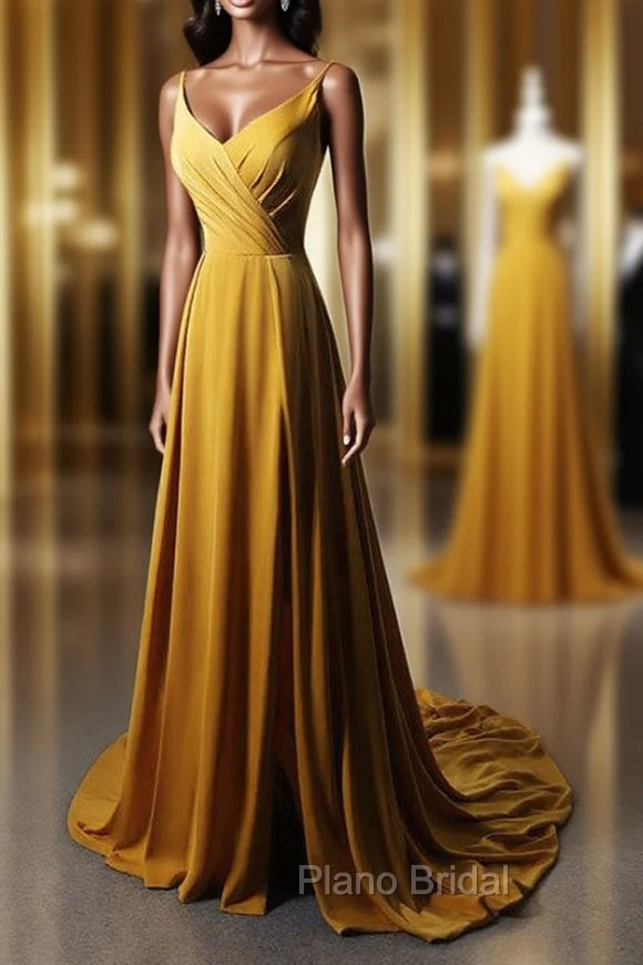 Goleden V-neckline Straps Long Party Dresses with Leg Slit, Long Gold Evening Dresses Formal Prom Dresses