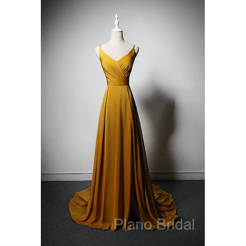 Goleden V-neckline Straps Long Party Dresses with Leg Slit, Long Gold Evening Dresses Formal Prom Dresses Main image