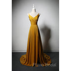 Goleden V-neckline Straps Long Party Dresses with Leg Slit, Long Gold Evening Dresses Formal Prom Dresses