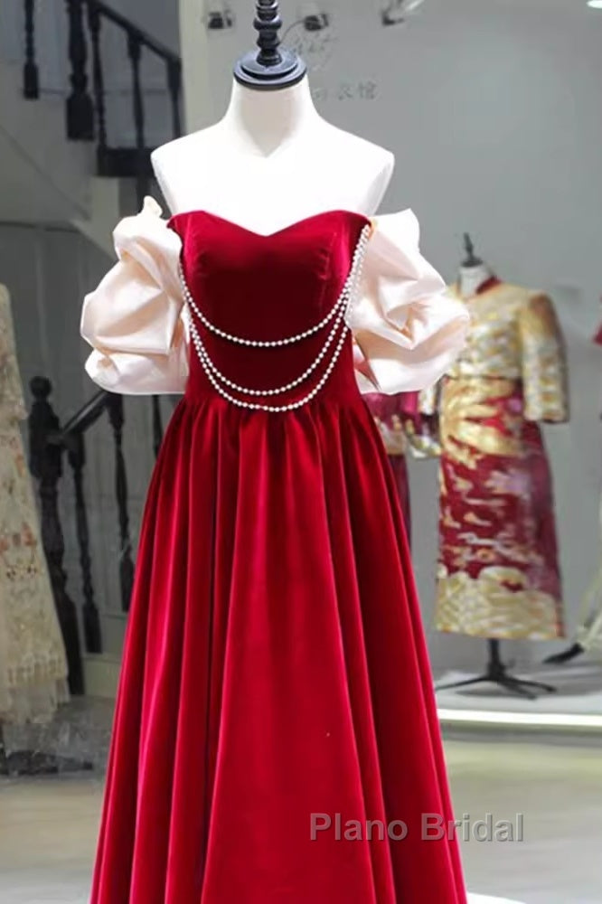Gorgeous A Line Off The Shoulder Velvet Red Formal Prom Dresses
