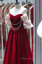 Gorgeous A Line Off The Shoulder Velvet Red Formal Prom Dresses