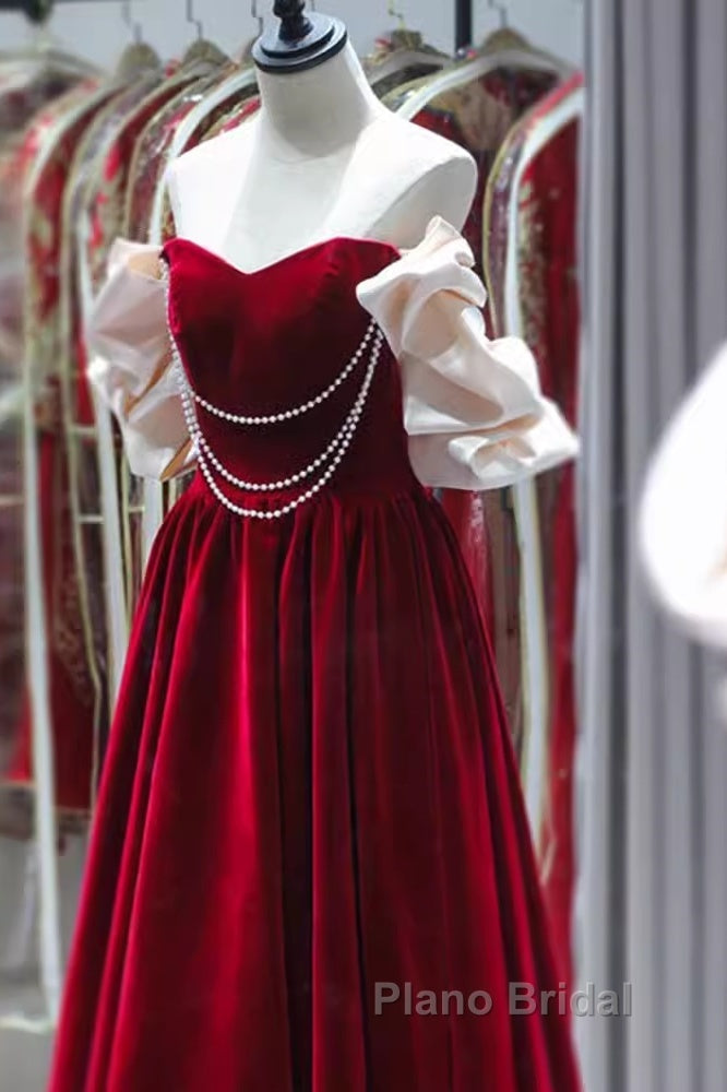 Gorgeous A Line Off The Shoulder Velvet Red Formal Prom Dresses