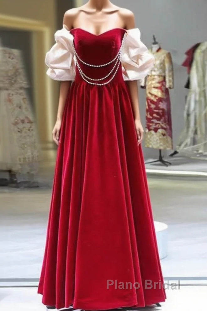 Gorgeous A Line Off The Shoulder Velvet Red Formal Prom Dresses Main image
