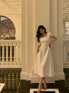 Gorgeous A Line Short Sleeves White Date Night Dresses Formal Prom Dresses Birthday Outfits