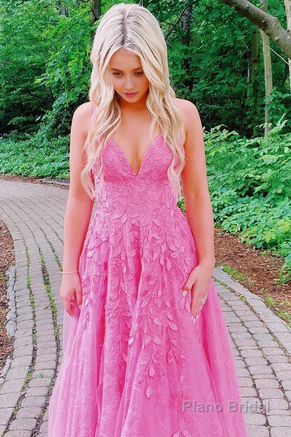Gorgeous A Line Spaghetti Straps Pink Long Prom Dress with Appliques Main image