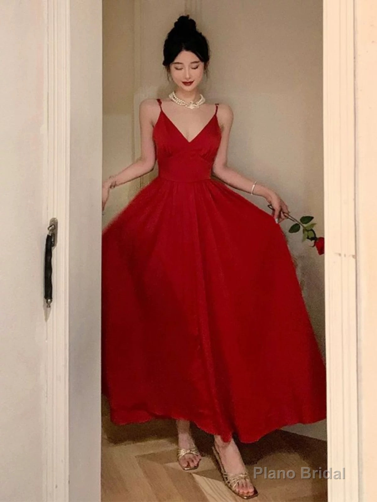 Gorgeous A Line Spaghetti Straps Red Ankle Length Evening Dress Prom Dresses Birthday Outfits Secondary image