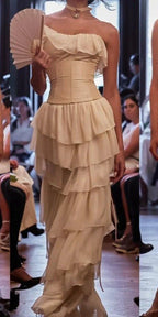 Gorgeous  A-Line Strapless Chiffon Long Formal Prom Dresses Formal Evening Dresses