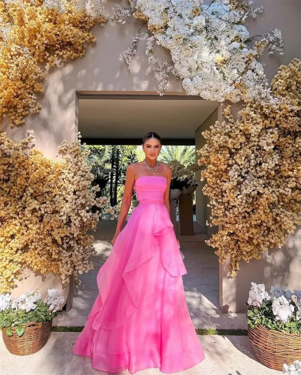 Gorgeous A Line Strapless Pink Long Formal Prom Dresses