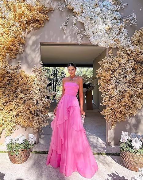 Gorgeous A Line Strapless Pink Long Formal Prom Dresses
