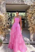 Gorgeous A Line Strapless Pink Long Formal Prom Dresses