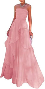Gorgeous A Line Strapless Pink Long Formal Prom Dresses