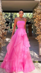Gorgeous A Line Strapless Pink Long Formal Prom Dresses