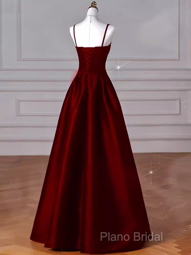 Gorgeous A Line Straps Satin Burgundy Formal Prom Dresses