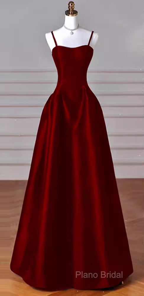Gorgeous A Line Straps Satin Burgundy Formal Prom Dresses