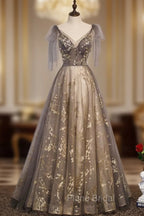 Gorgeous A-line V-neckline Long Party Dresses Formal Prom Dresses, Lace Evening Dresses