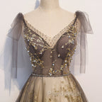 Gorgeous A-line V-neckline Long Party Dresses Formal Prom Dresses, Lace Evening Dresses