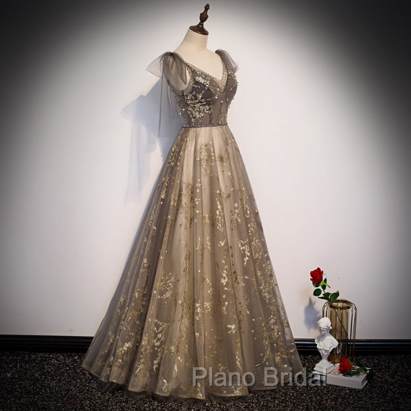 Gorgeous A-line V-neckline Long Party Dresses Formal Prom Dresses, Lace Evening Dresses