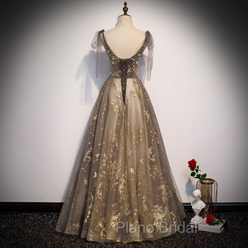 Gorgeous A-line V-neckline Long Party Dresses Formal Prom Dresses, Lace Evening Dresses