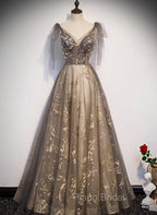 Gorgeous A-line V-neckline Long Party Dresses Formal Prom Dresses, Lace Evening Dresses