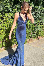 Gorgeous Backless Mermaid V-Neck Sleeveless Velvet Long Formal Prom Dresses