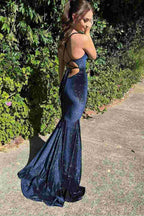 Gorgeous Backless Mermaid V-Neck Sleeveless Velvet Long Formal Prom Dresses