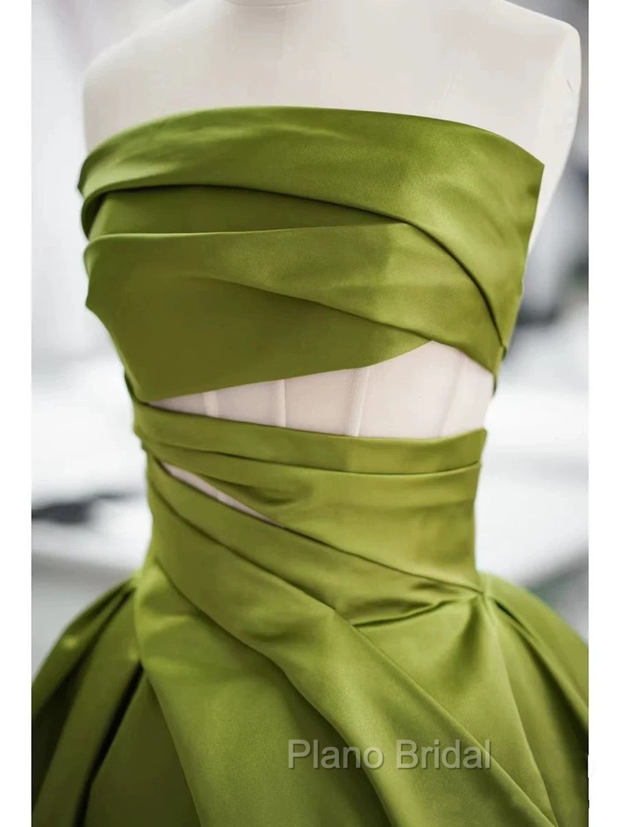 Gorgeous Balll Gown Strapless Green Satin Ruffles Long Evening Dresses Formal Prom Dresses