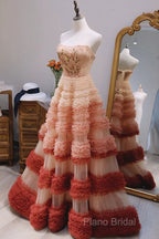 Gorgeous Balll Gown Strapless Tulle Pink Ruffles Long Formal Dresses Formal Prom Dresses