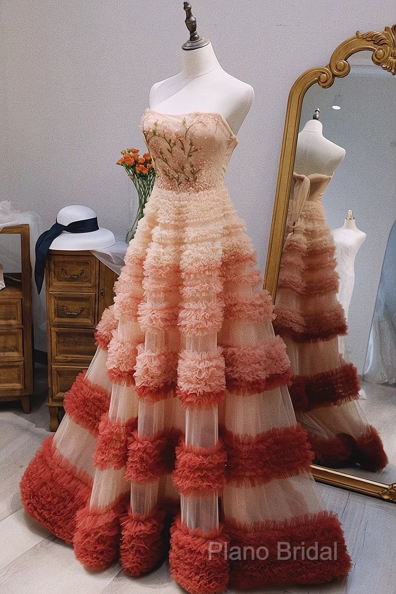 Gorgeous Balll Gown Strapless Tulle Pink Ruffles Long Formal Dresses Formal Prom Dresses Secondary image