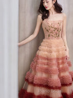 Gorgeous Balll Gown Strapless Tulle Pink Ruffles Long Formal Dresses Formal Prom Dresses