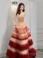 Gorgeous Balll Gown Strapless Tulle Pink Ruffles Long Formal Dresses Formal Prom Dresses