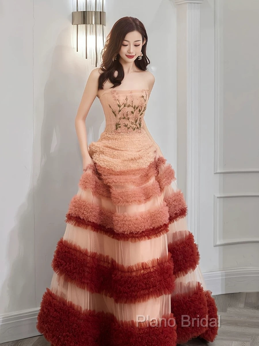 Gorgeous Balll Gown Strapless Tulle Pink Ruffles Long Formal Dresses Formal Prom Dresses