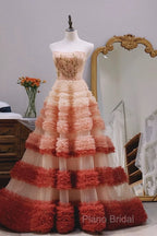 Gorgeous Balll Gown Strapless Tulle Pink Ruffles Long Formal Dresses Formal Prom Dresses