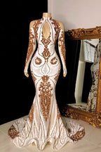 Gorgeous Beading Sequins Keyhole Neckline Cold Shoulder Long Sleevess Mermaid Formal Gowns