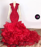 Gorgeous Beads Appliques Red Formal Prom Dresses Ruffles Fit and Flare Alluring Evening Gowns