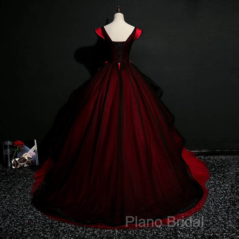 Gorgeous Black And Red Embroidery Quinceanera Dresses, Lace Applique Tulle Gowns