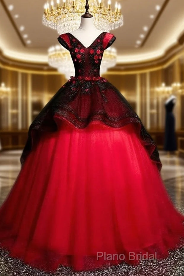 Gorgeous Black And Red Embroidery Quinceanera Dresses, Lace Applique Tulle Gowns Main image