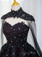 Gorgeous Black And Red Tulle Ball Gown Sweet 16 Dresses With Cape, Long Formal Prom Dresses