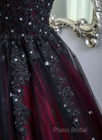 Gorgeous Black And Red Tulle Ball Gown Sweet 16 Dresses With Cape, Long Formal Prom Dresses